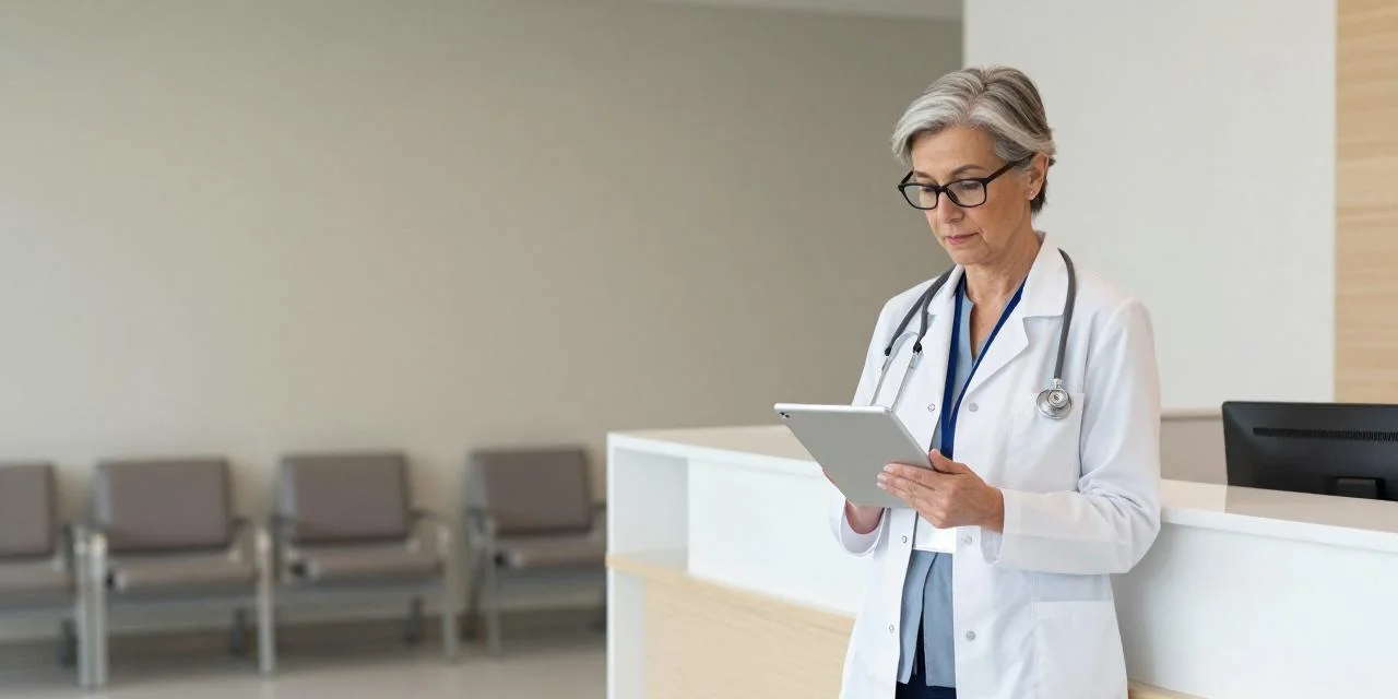 Medical assistant with a tablet at the front desk of a medical practice.