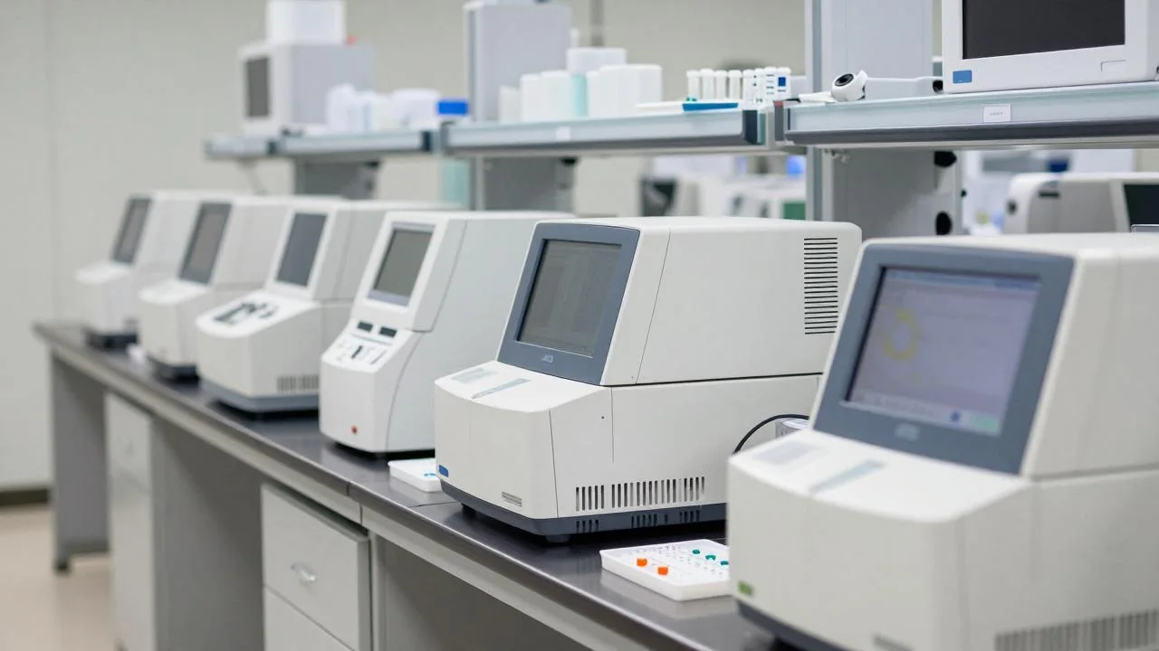 Analyzer line in a medical laboratory.