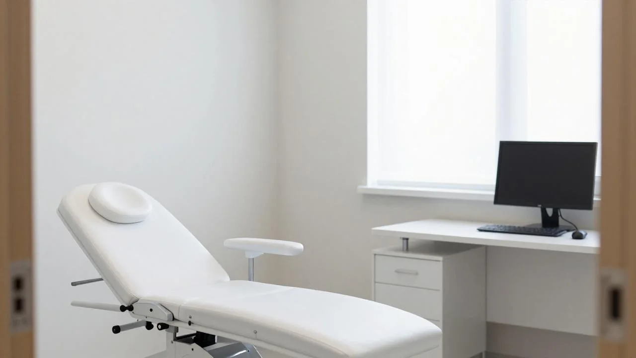 Tidy consultation room of a medical practice with examination couch and workstation.
