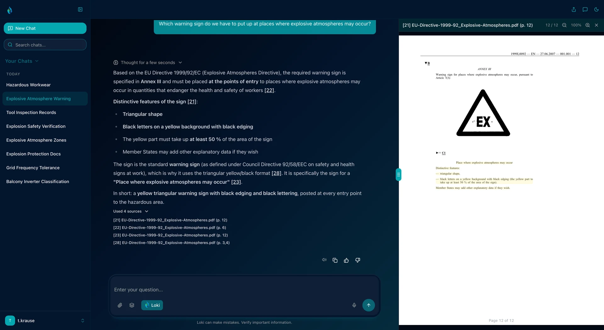 LOKI in dark mode: the answer on which warning sign has to be put up where explosive atmospheres may occur, a yellow triangle with black edging and the letters EX, with four source references. On the right Directive 1999/92/EC, Annex III on page 12, with the sign and its distinctive features highlighted.