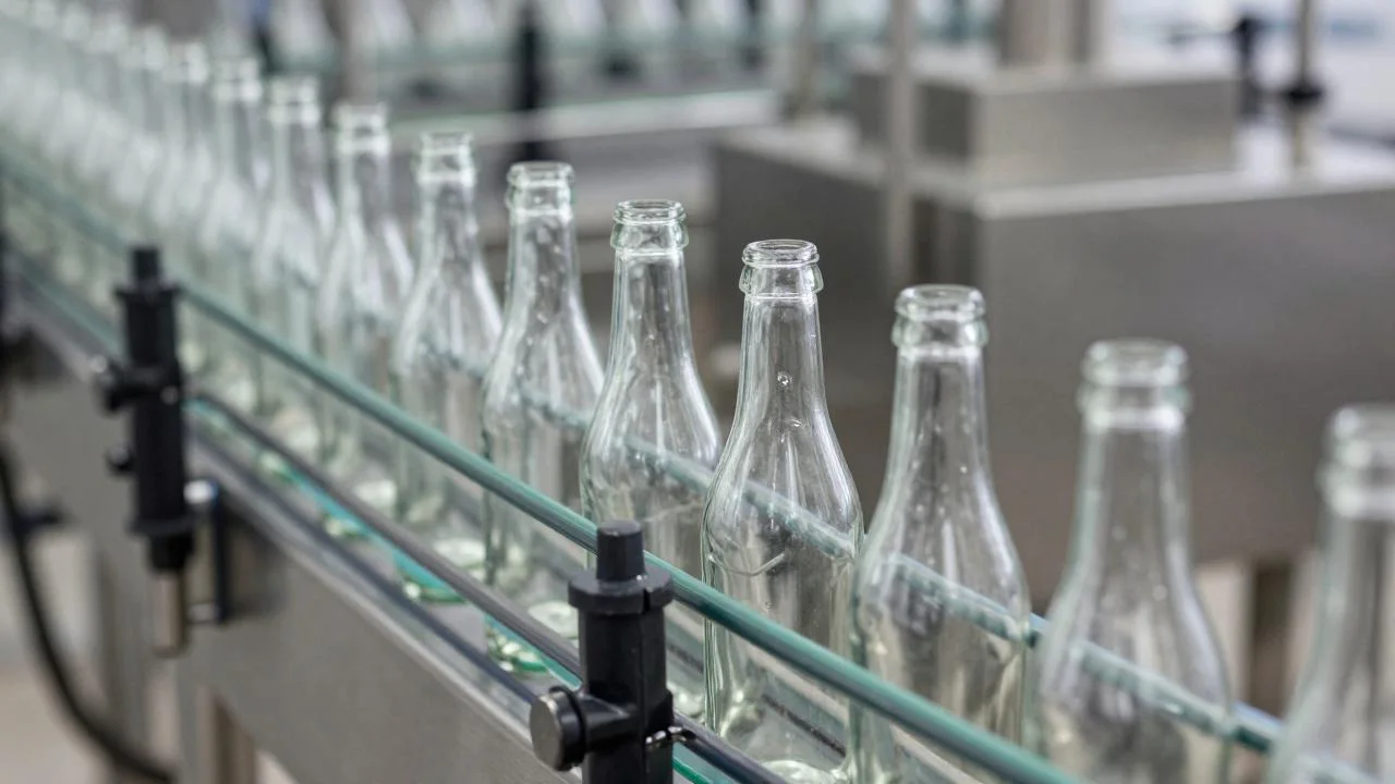 Filling line: glass bottles moving along the conveyor.