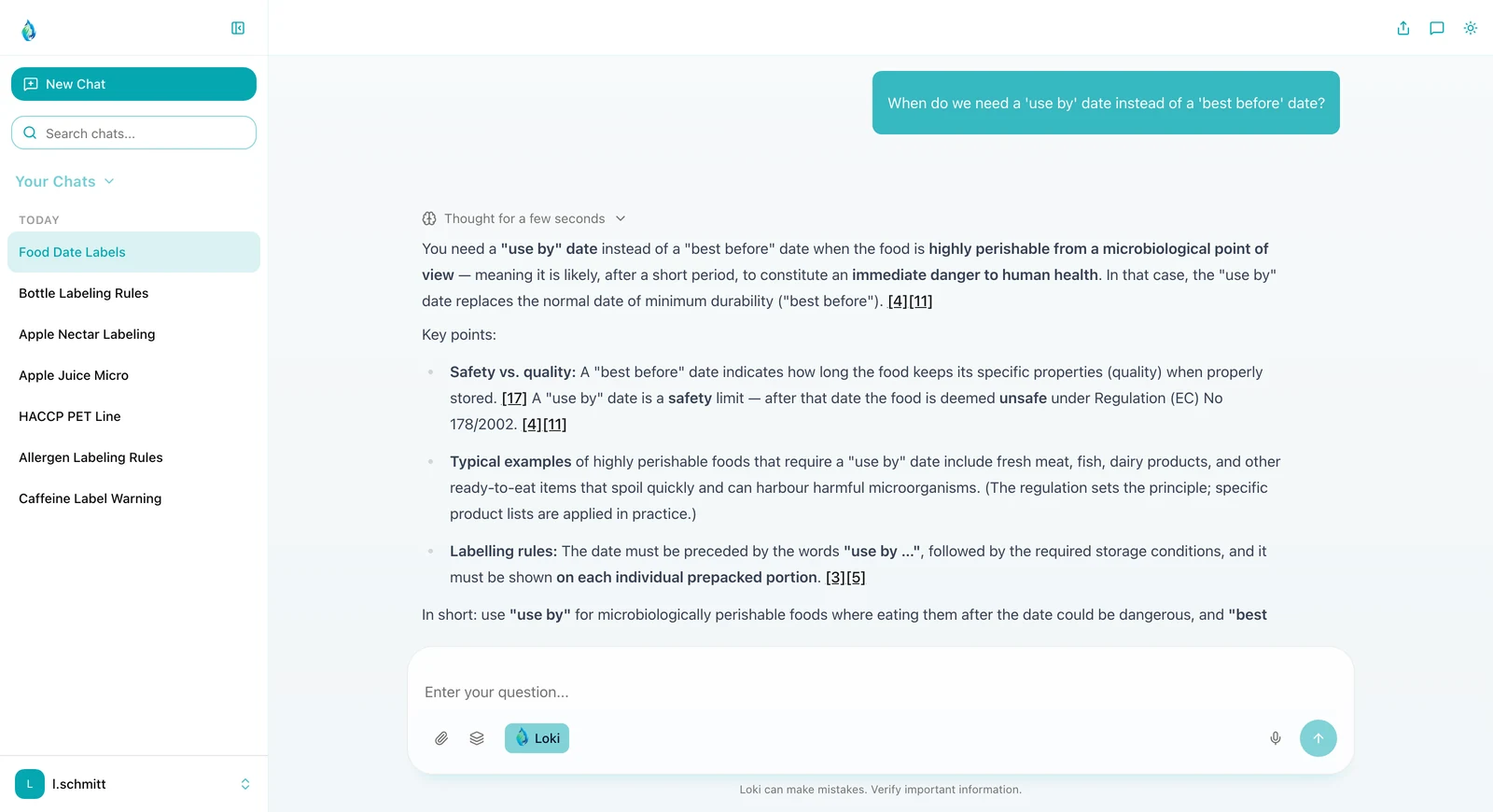 LOKI in light mode: the question when a ‘use by’ date is needed instead of a ‘best before’ date. The answer separates food safety from quality and names the labelling rules, with source references.