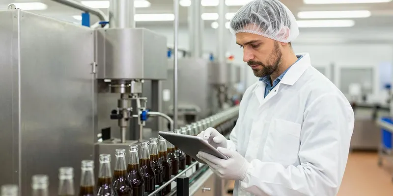 Mitarbeiterin mit Tablet an der Abfülllinie, in Hygienekleidung mit Haarnetz.