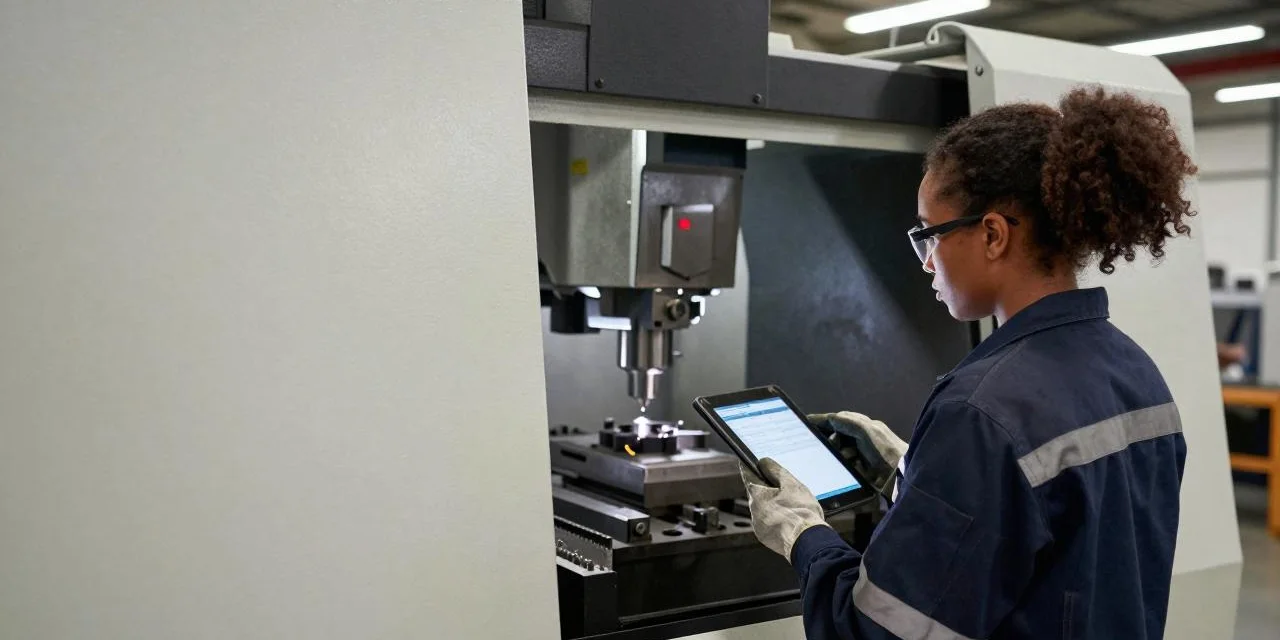 Setup technician with a tablet at a CNC machine.