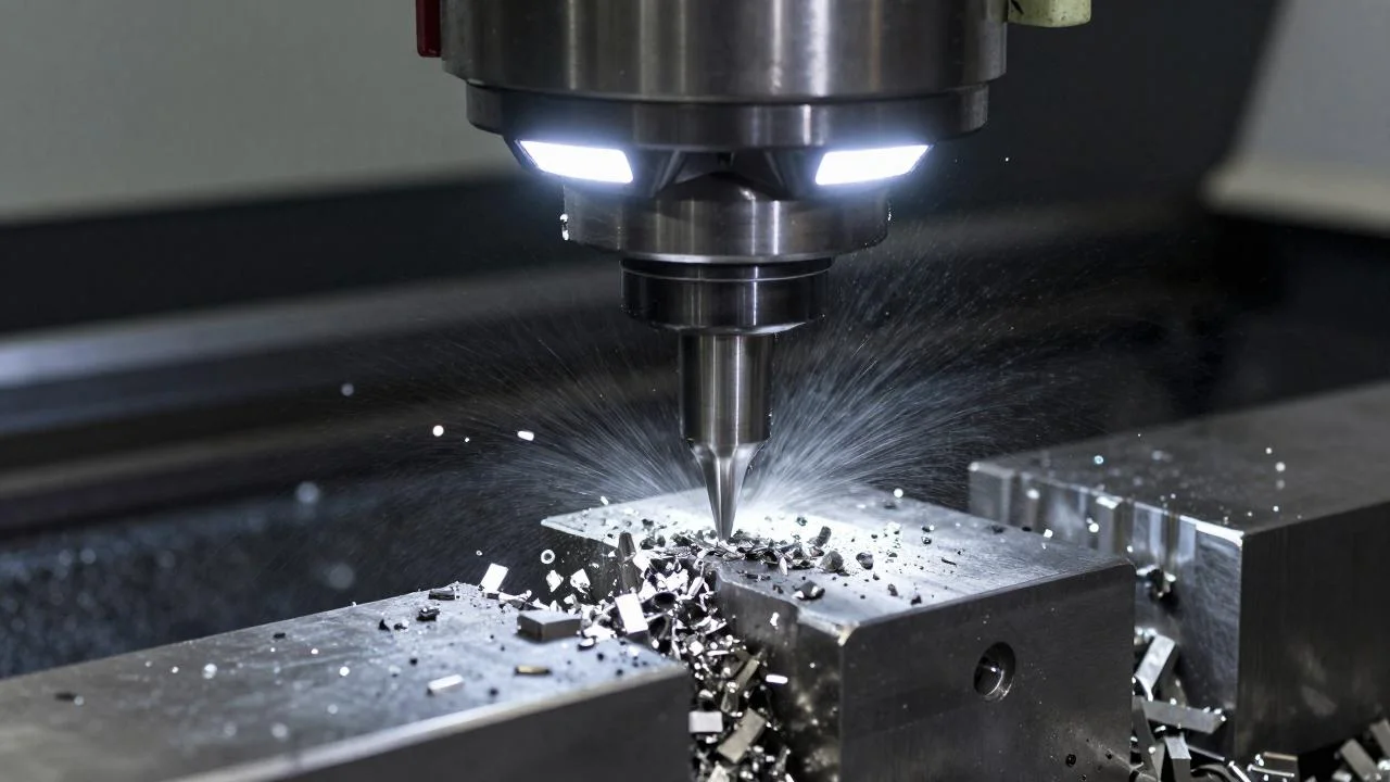 View into the working area of a CNC machine, milling cutter in the cut.