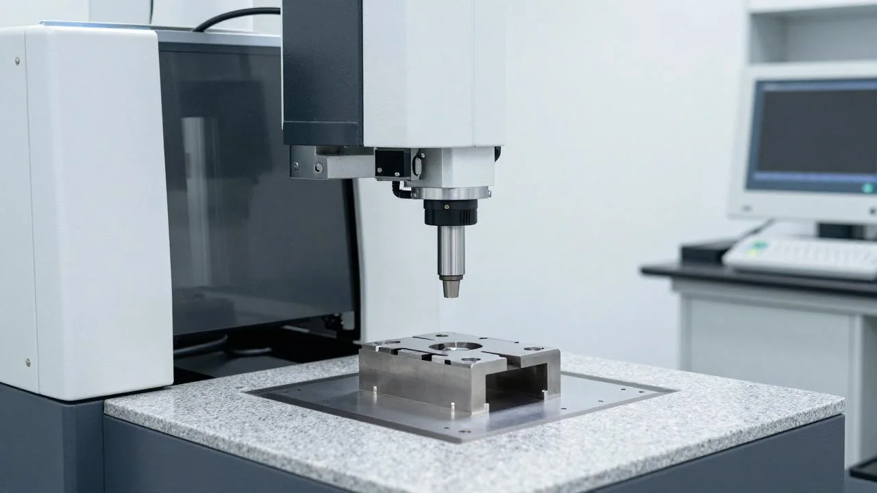 Coordinate measuring machine in the measuring room, part on the measuring table.
