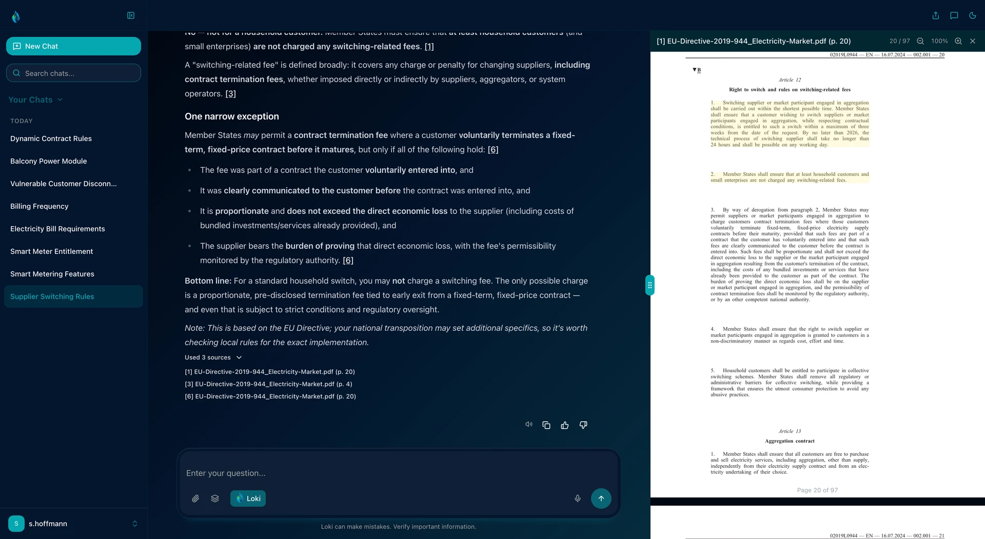 Chat answer on a grid operator's liability for slight negligence, with the upper and lower limits as a table, backed by the German low-voltage connection ordinance. Clicking the source number opens the PDF with the cited passage highlighted
