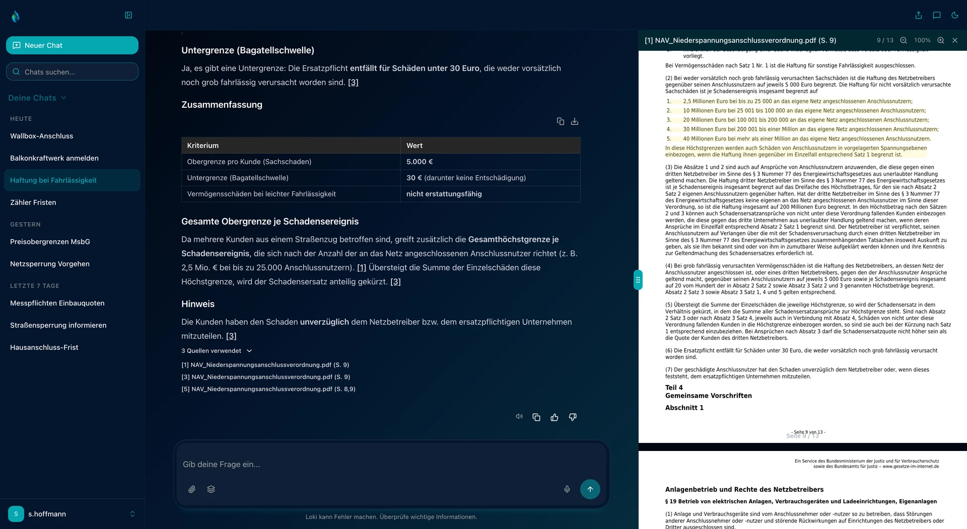 Chat-Antwort zur Haftung eines Netzbetreibers bei leichter Fahrlässigkeit, Ober- und Untergrenze als Tabelle, belegt mit der Niederspannungsanschlussverordnung. Ein Klick auf die Quellennummer öffnet das PDF, die belegte Stelle ist markiert