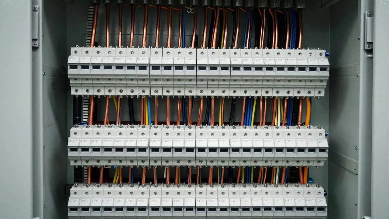 Open low-voltage distribution board of a local substation with fuse strips and outgoing feeders.
