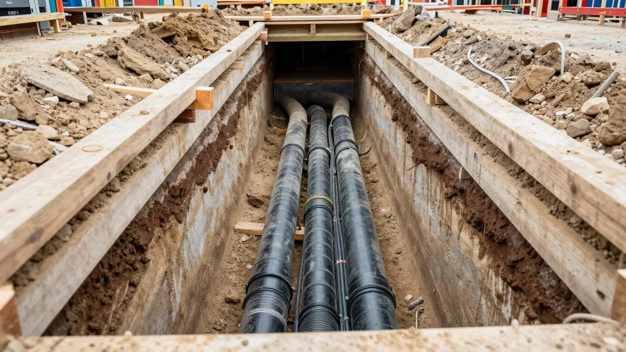 Open cable trench with empty conduits and a freshly laid cable route.