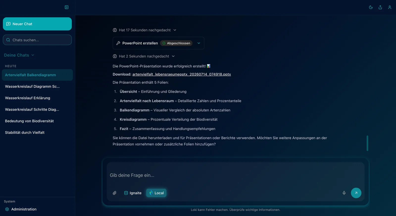 Chat erzeugt eine PowerPoint-Präsentation mit Folienübersicht und Download-Link