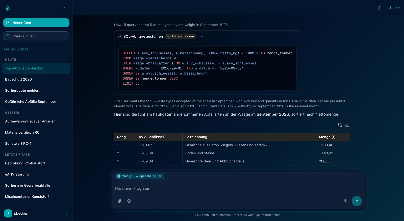 Aufgeklappte Tool-Karte mit der SQL-Abfrage gegen eine Wiegeschein-Datenbank in Syntax-Highlighting, darunter die meistangenommenen Abfallarten im September als Tabelle