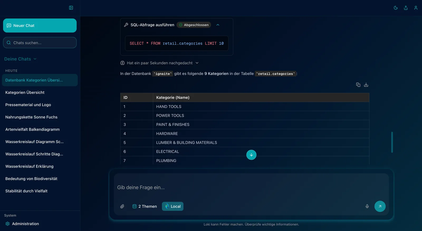 Aufgeklappte Tool-Karte mit SQL-Statement in Syntax-Highlighting und Ergebnis
