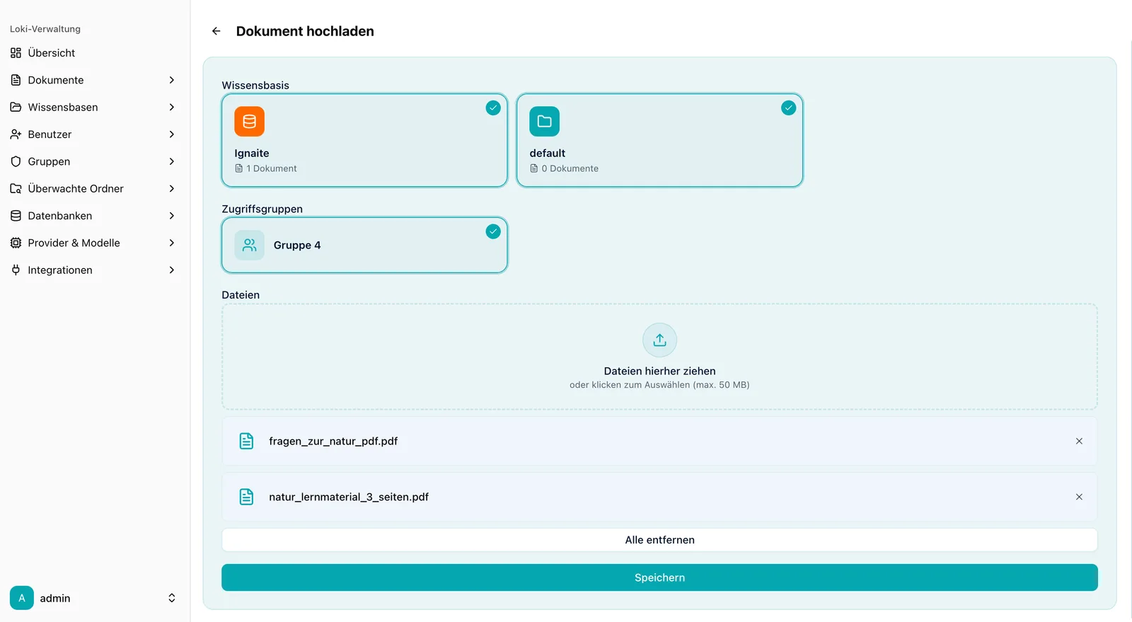 Dashboard-Dokumentenverwaltung: hochgeladene Dokumente mit Wissensbasis-Zuordnung und Filter