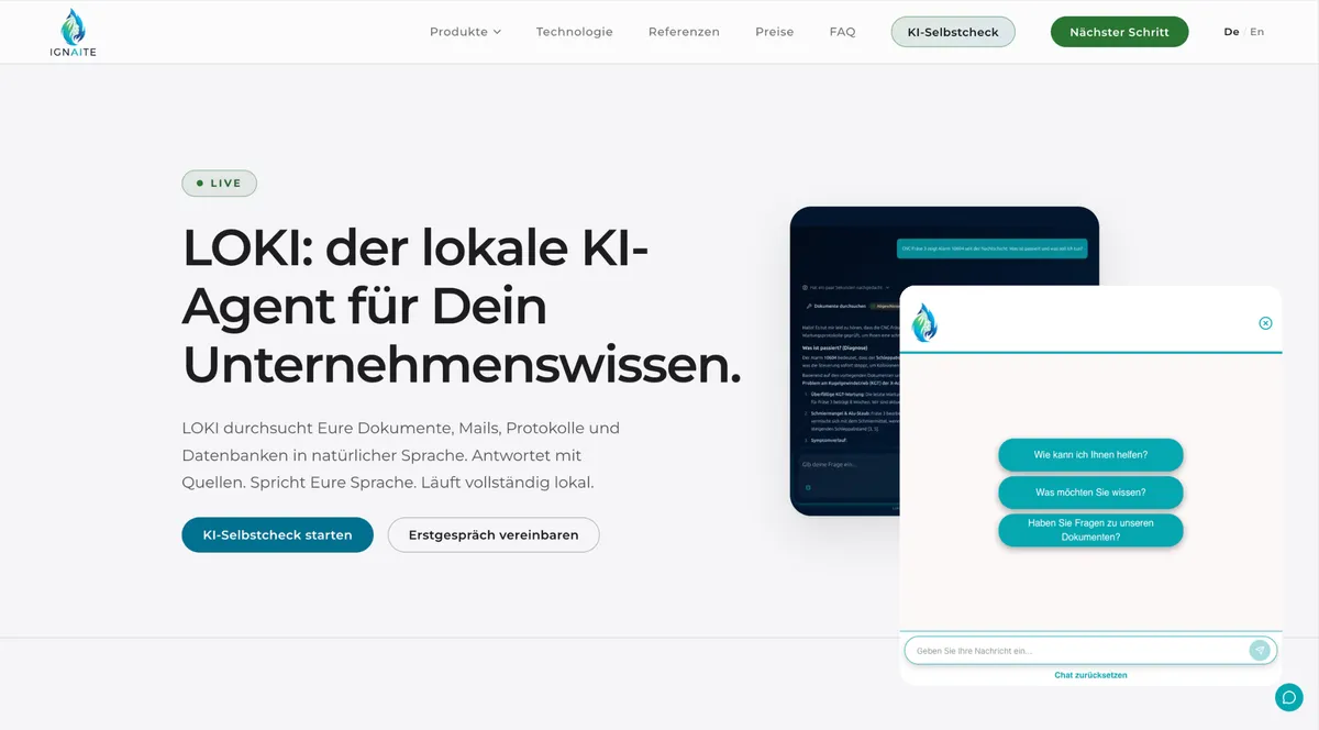 Example website with the LOKI chat widget open in the bottom right corner