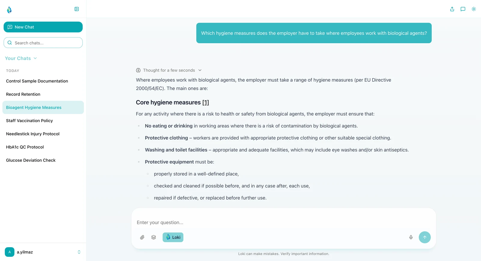 The LOKI interface in light mode: the previous chats of a medical practice on the left, in the middle the question which hygiene measures apply when employees work with biological agents and the start of the answer, the input field at the bottom.