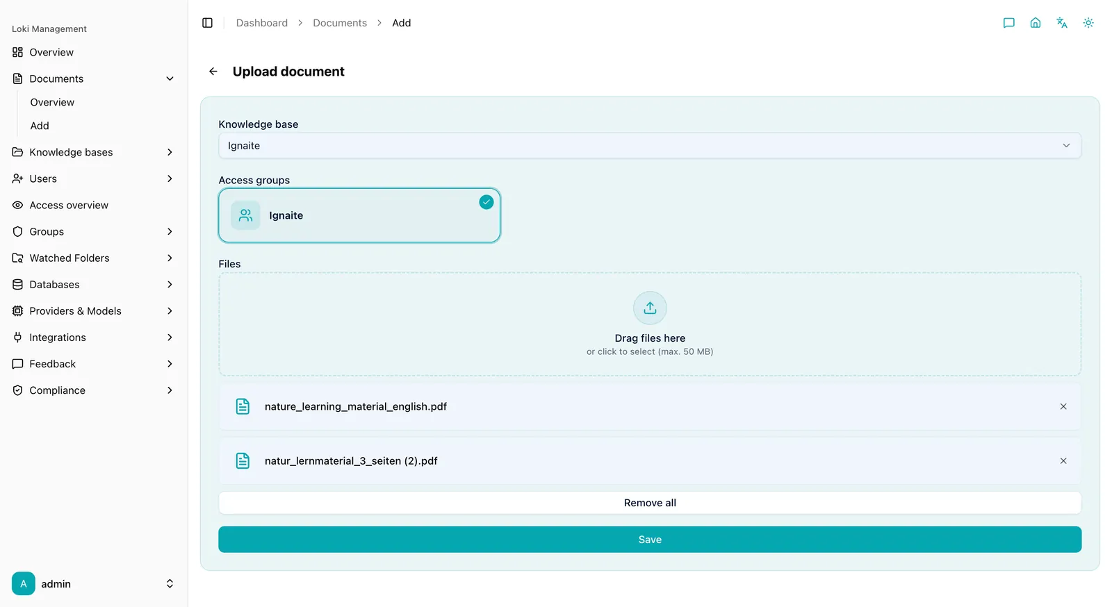 Dashboard document management: uploaded documents with knowledge-base assignment and filters