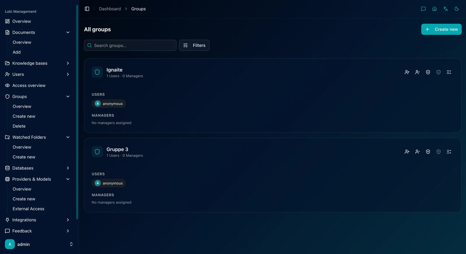 Group and permission management with members and knowledge bases