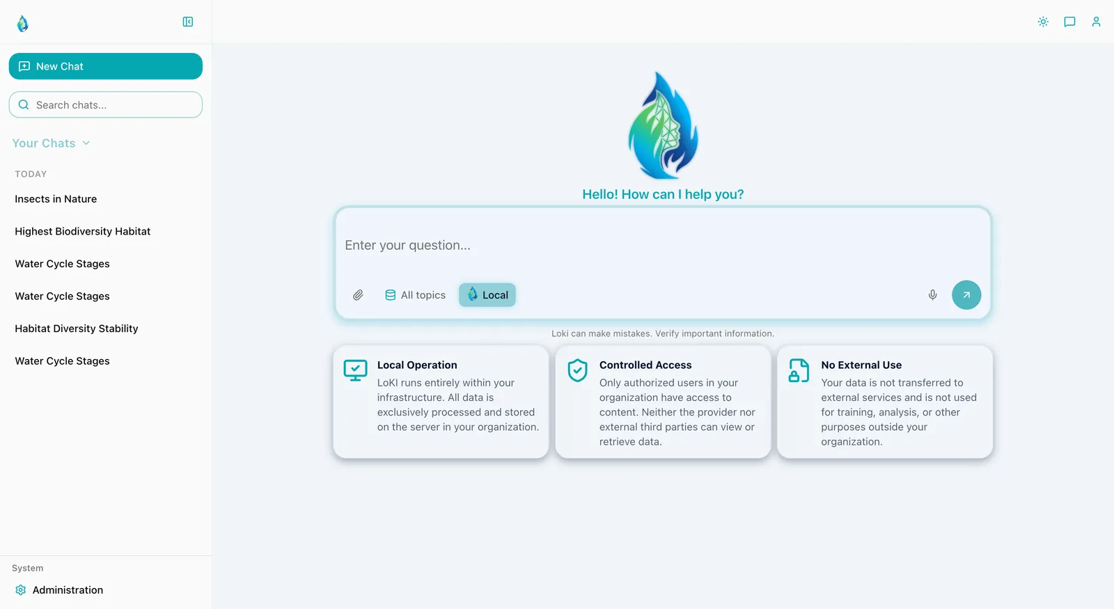 The LOKI start screen shows every user the three commitments: local operation, controlled access, no third-party use