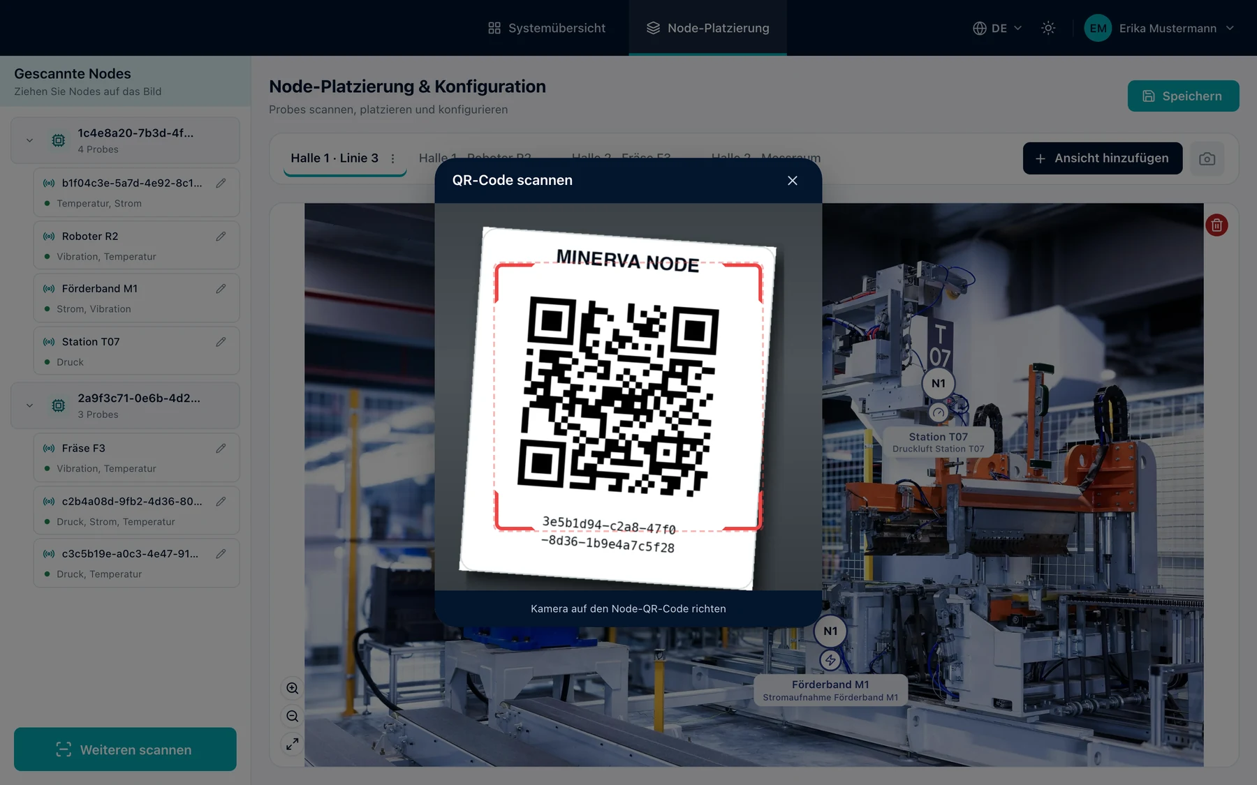 Dialog „QR-Code scannen“ in MINERVA: Die Kamera erfasst das Etikett eines Nodes mit QR-Code und Kennung, dahinter die Node-Platzierung mit dem Hallenfoto.