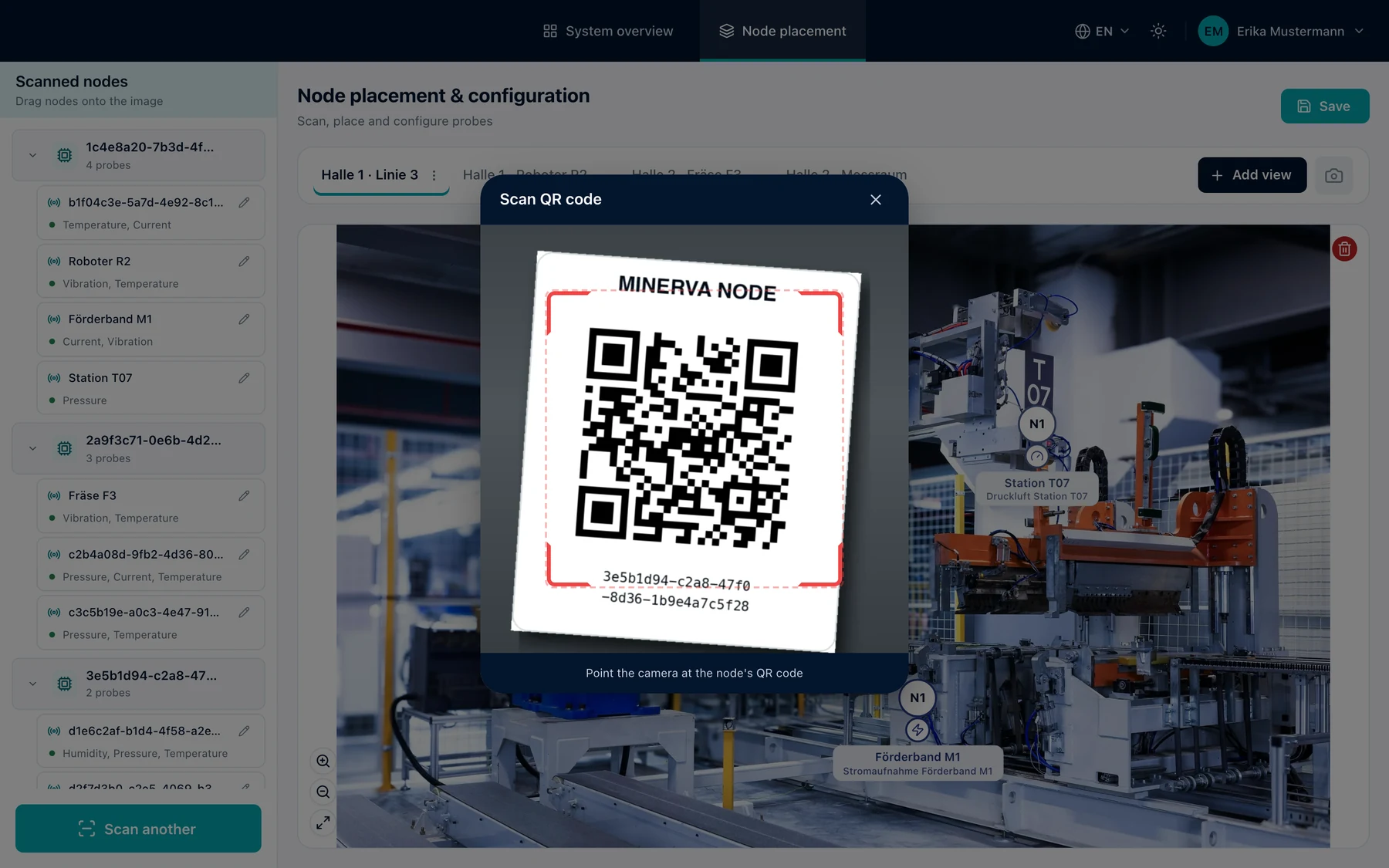 “Scan QR code” dialog in MINERVA: the camera captures a Node’s label with its QR code and ID, with the Node placement and the plant photo behind it.