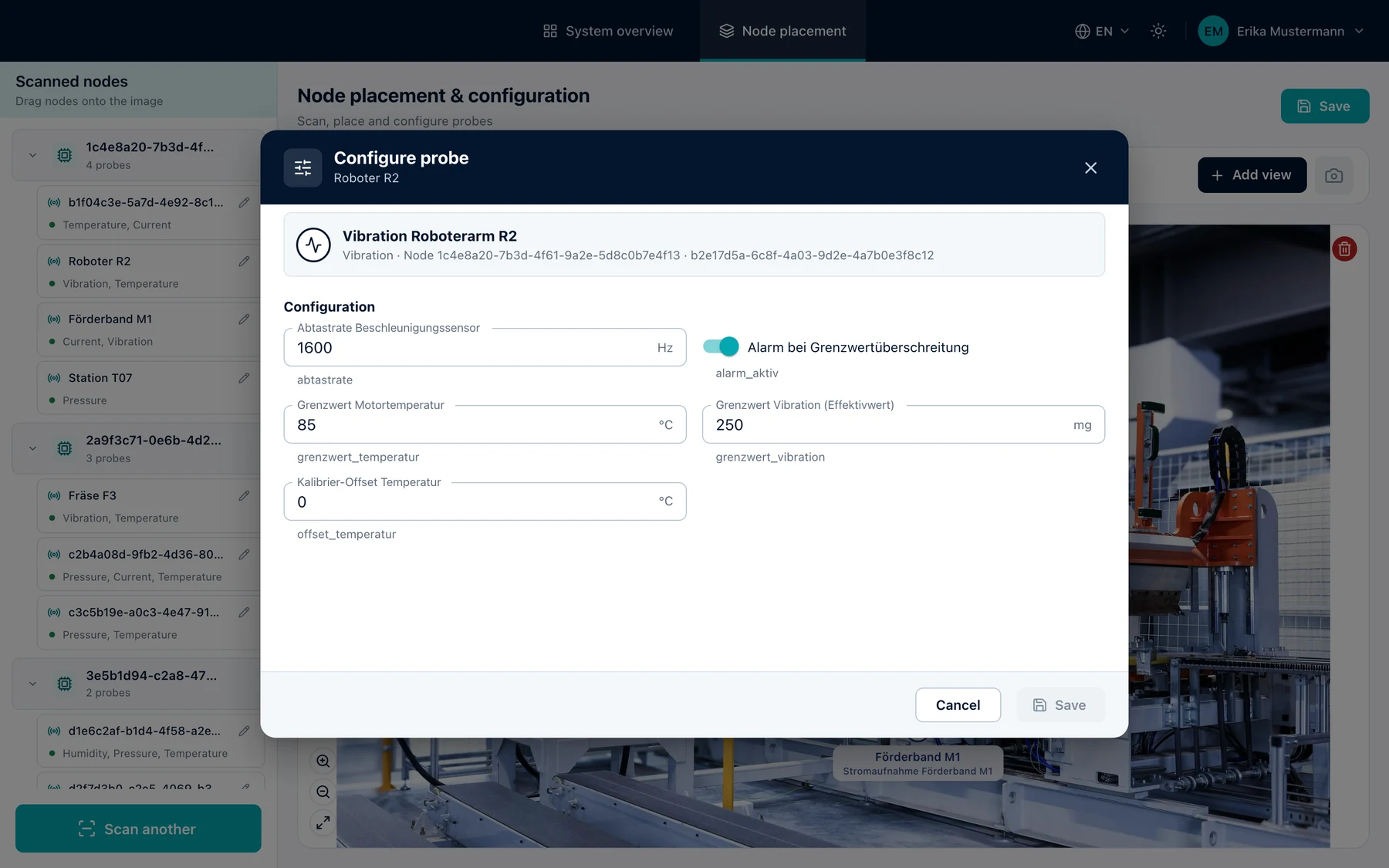 “Configure probe” dialog for robot R2: the Probe offers its own settings, such as sample rate, alarm on threshold violation, thresholds for motor temperature and vibration, and the calibration offset.