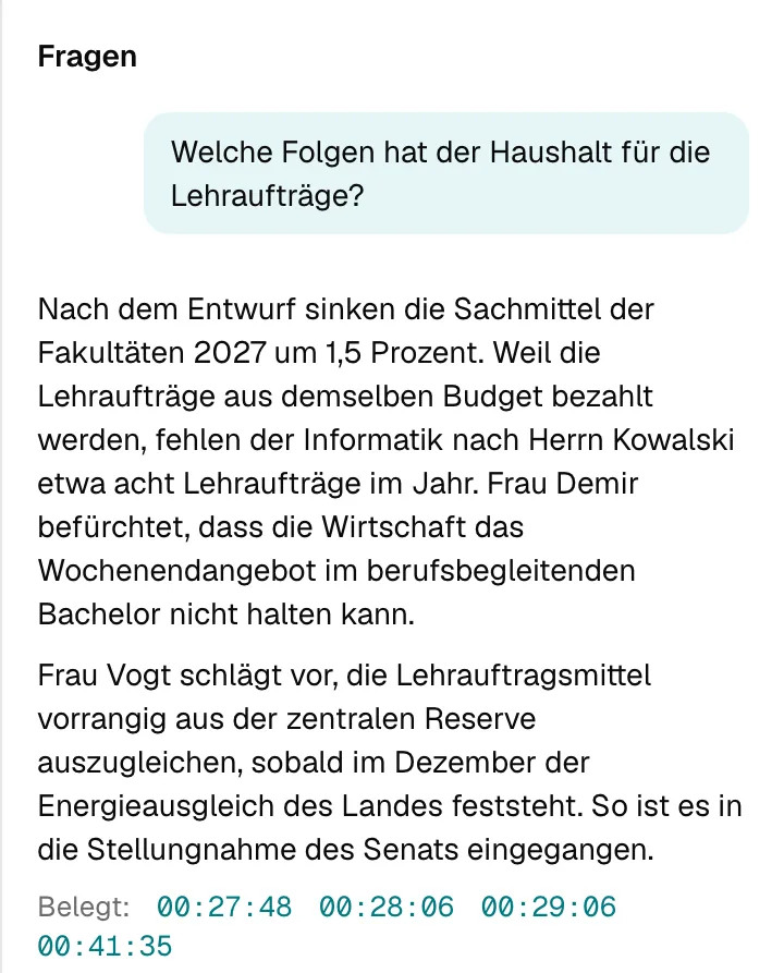 Die Spalte Fragen in SAGA: Auf die Frage nach den Folgen des Haushalts für die Lehraufträge steht eine Antwort aus der Sitzung, darunter „Belegt“ mit vier Zeitmarken, die an die Stellen im Transkript führen.