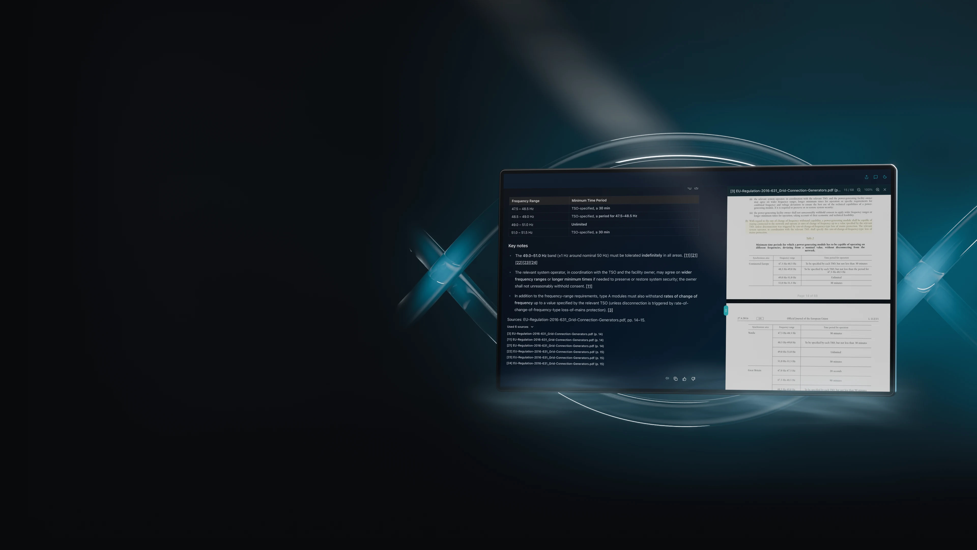 A monitor in a dark, misty room shows an answer from LOKI with its source, with two intertwined strands of clear glass behind it that glow cyan where they cross.
