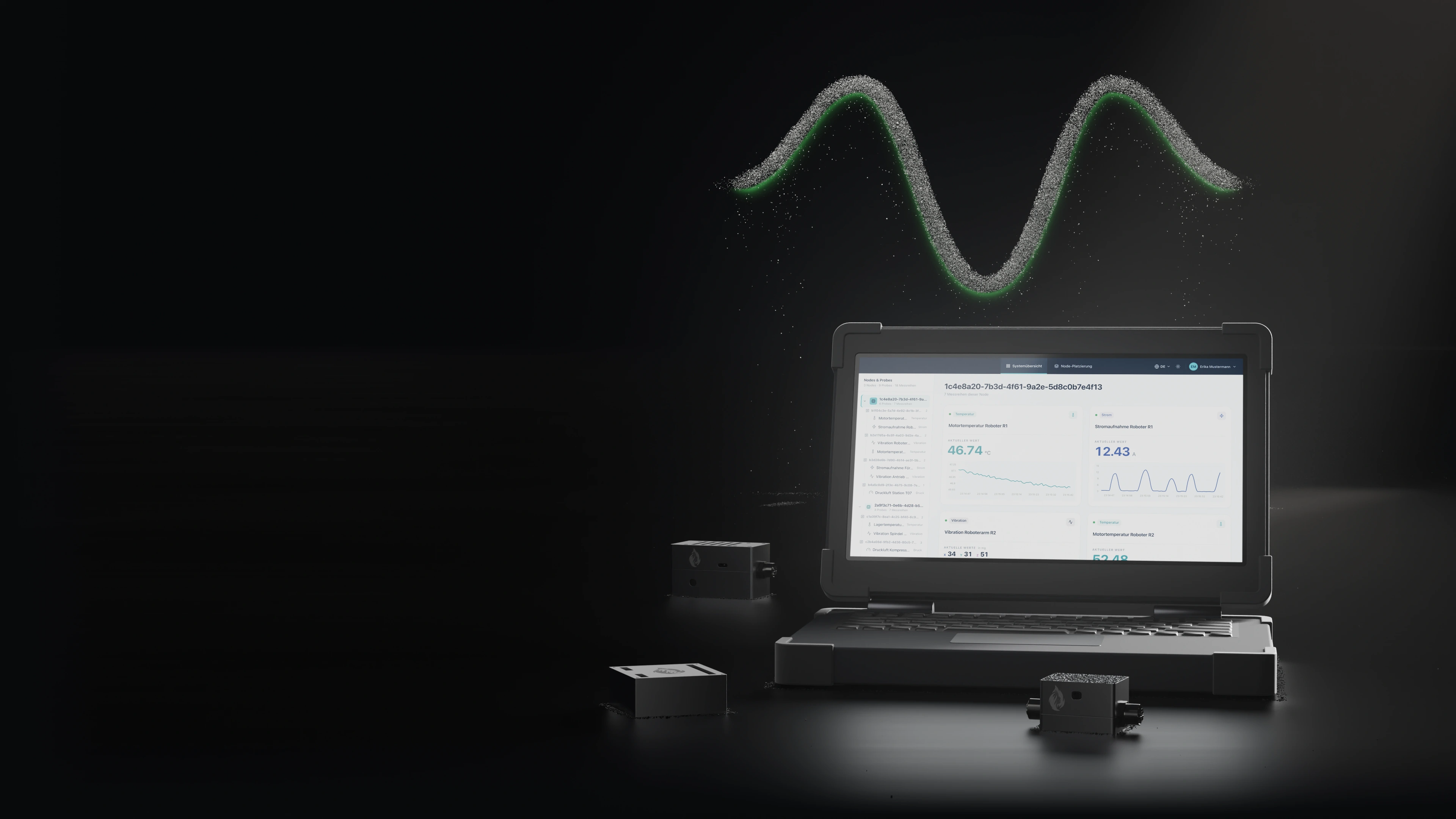 Ein robuster Werkhallen-Laptop zeigt die Oberfläche von MINERVA, davor stehen Node, Hub und Probe. Dahinter schwebt eine Welle aus Metallstaub, gehalten von einer stehenden Schallwelle.