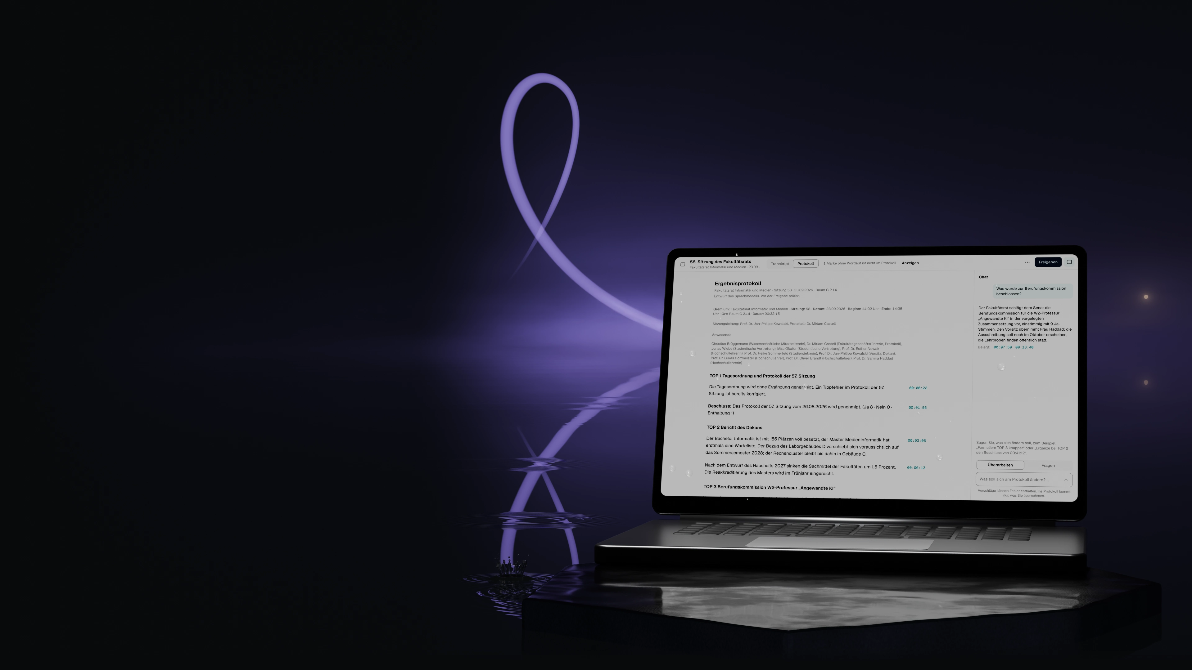 Ein Laptop mit einem SAGA-Protokoll steht auf dunklem Stein im stillen Wasser, darüber eine violette Schleife, die sich im Wasser spiegelt.