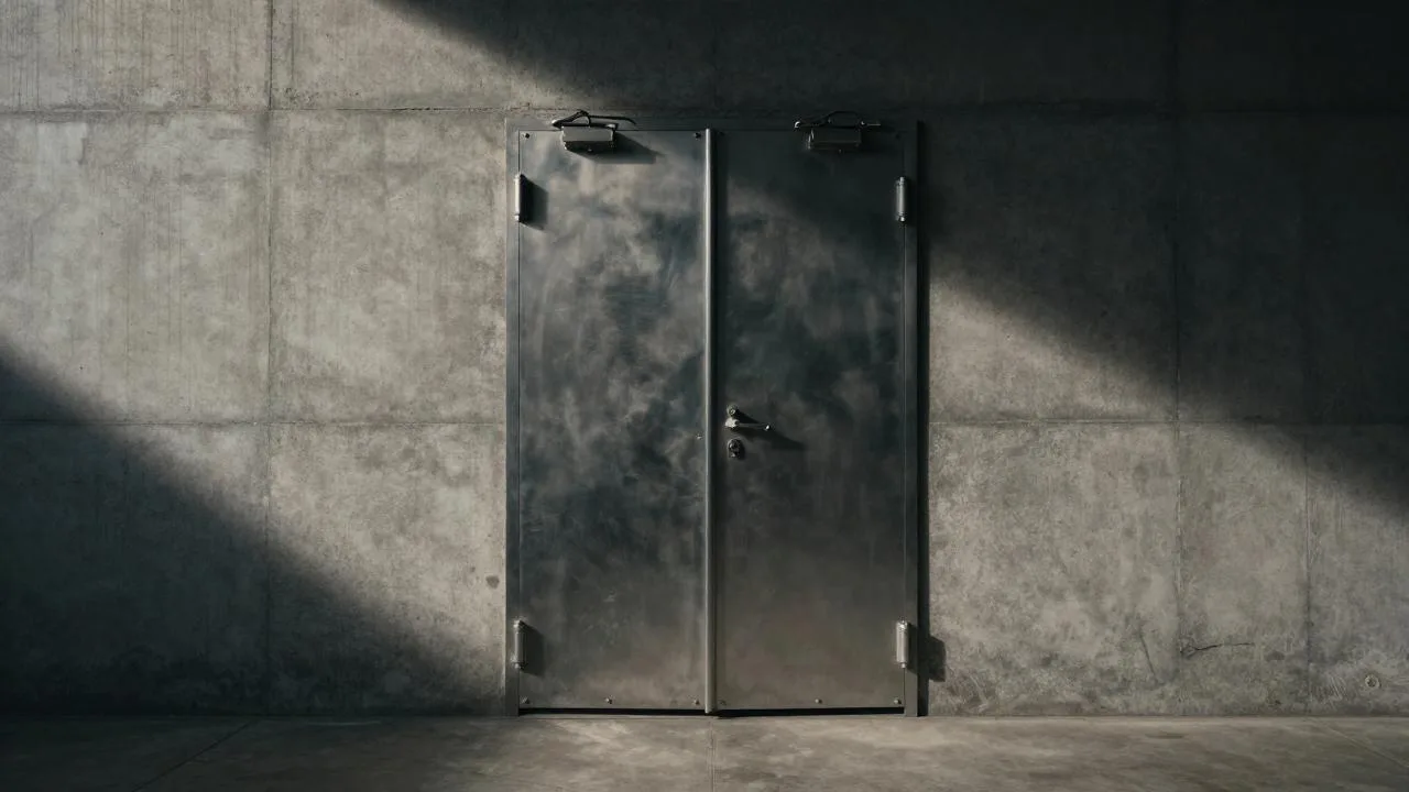 A closed heavy steel door in a concrete wall, light falling in from the side
