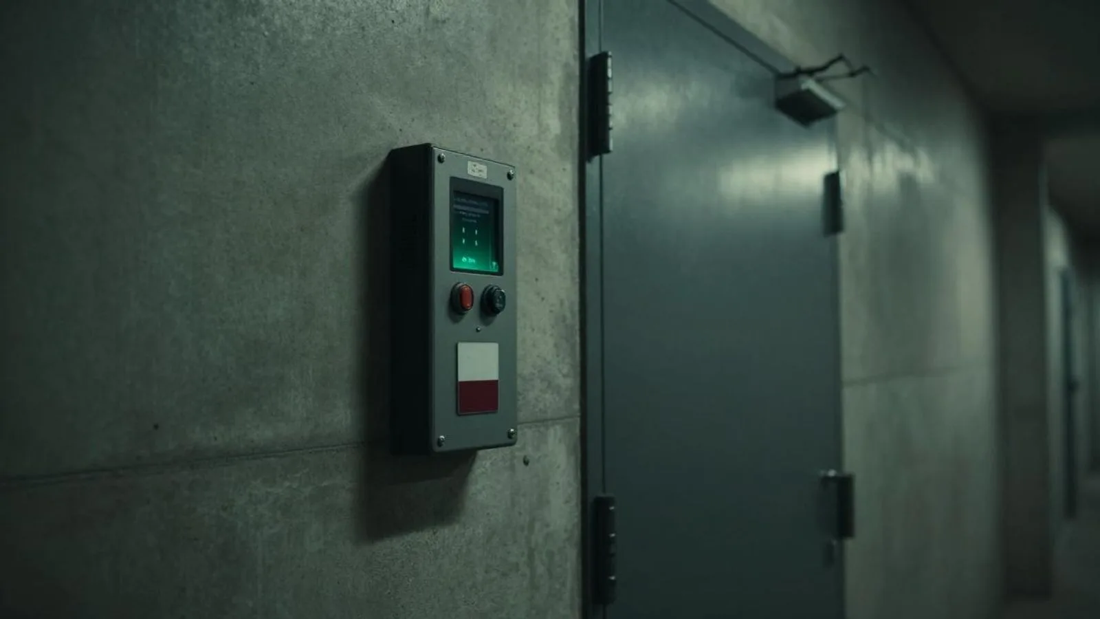 Badge reader beside a heavy door in a concrete corridor
