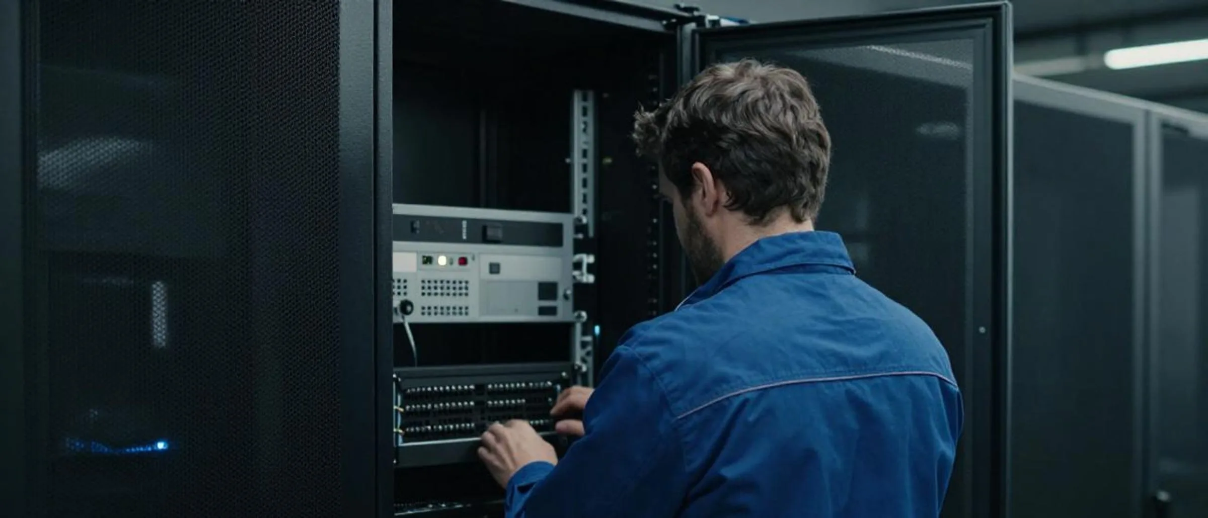 A technician working at an open server cabinet