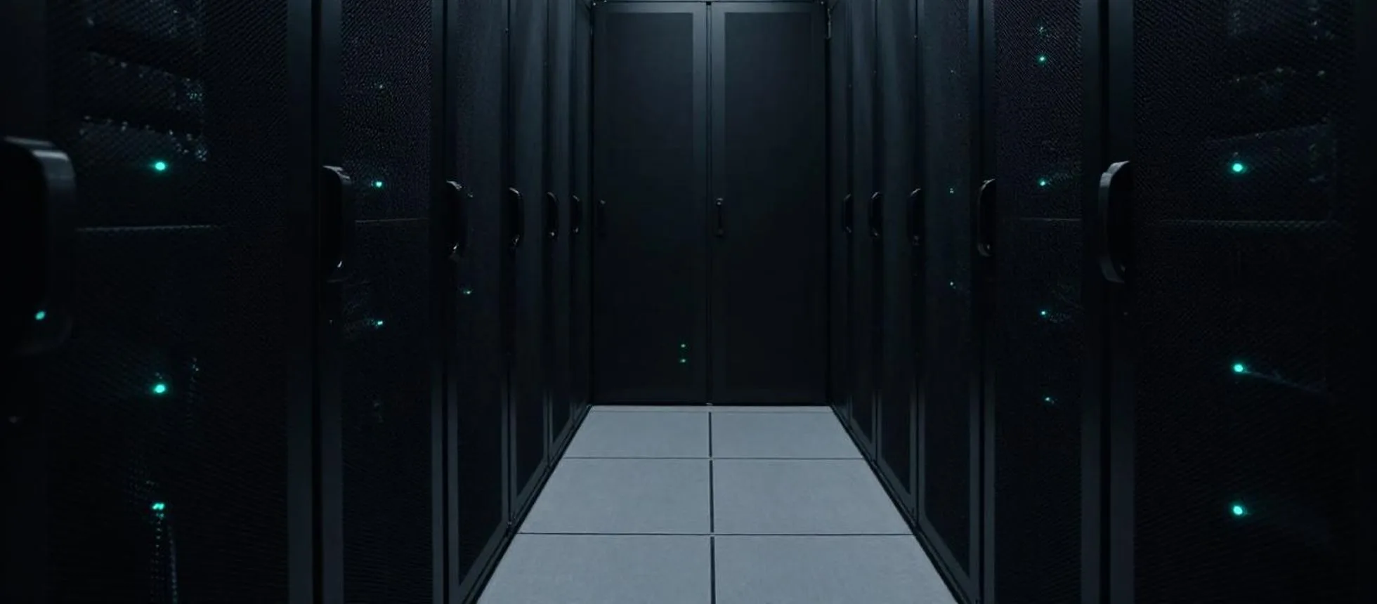 Aisle between two rows of server racks in a dark machine room