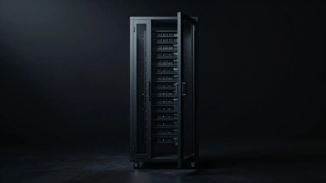 Server rack with its door open in a dark machine room, status lights glowing teal