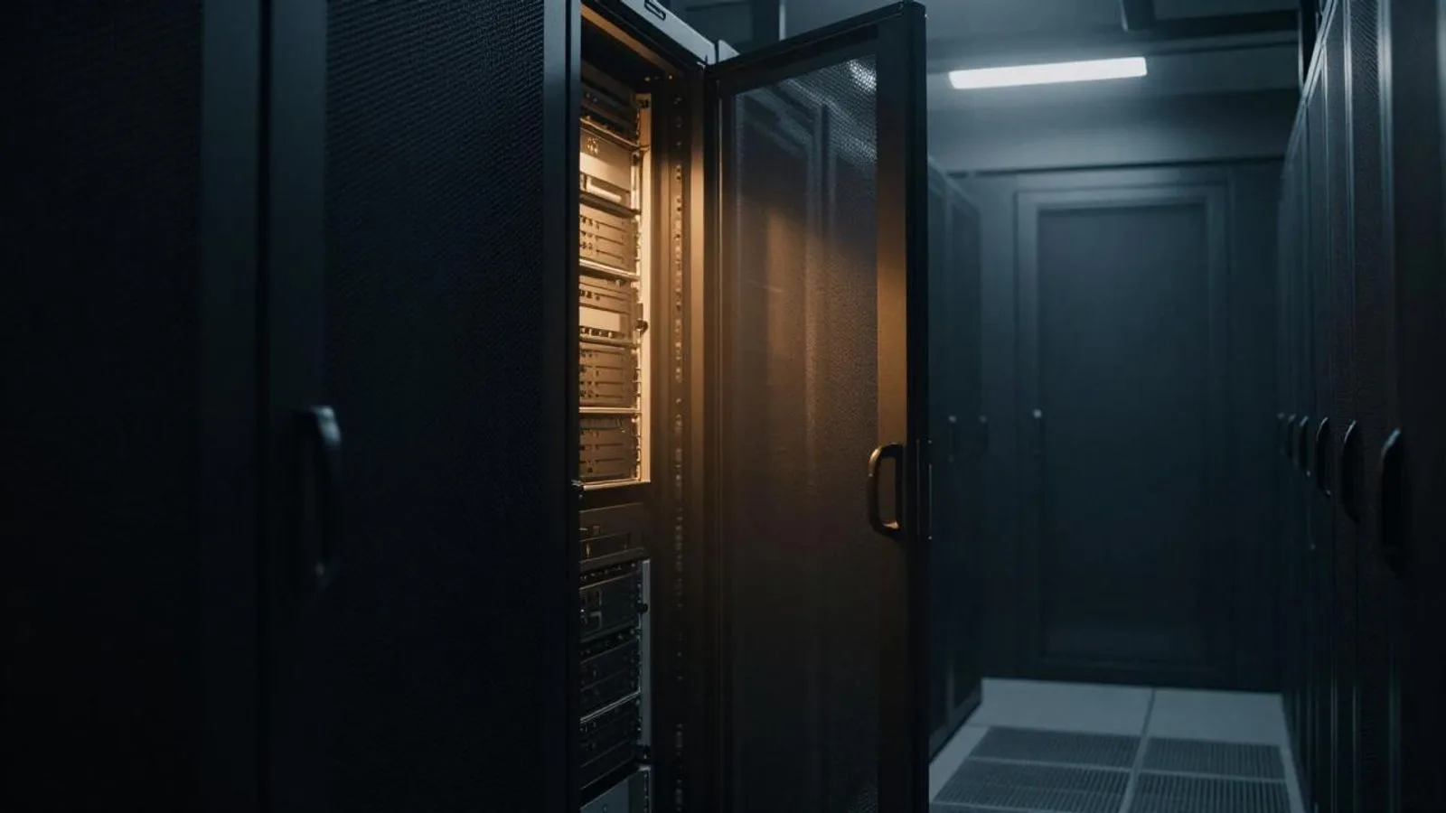 Open server cabinet door with lit units behind it
